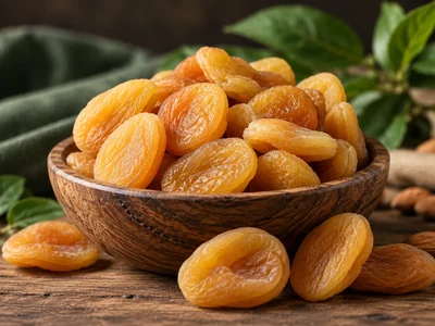 Dried golden apricots presented in a plain wooden bowl