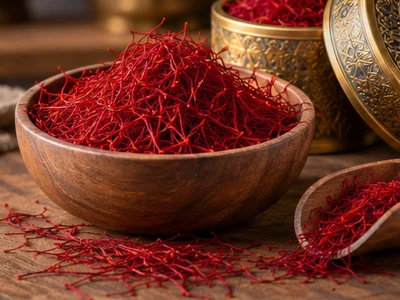 Fine red saffron threads in a wooden bowl