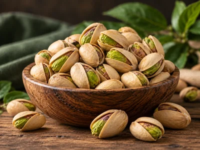 Pistachios with shells in a natural wooden bowl