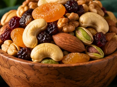 Mixed dried fruits and nuts in a wooden bowl